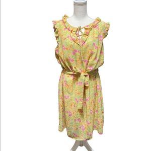 Emma & Michele Yellow Floral Tie Waist Sleeveless Lined Ruffled Dress Size 16